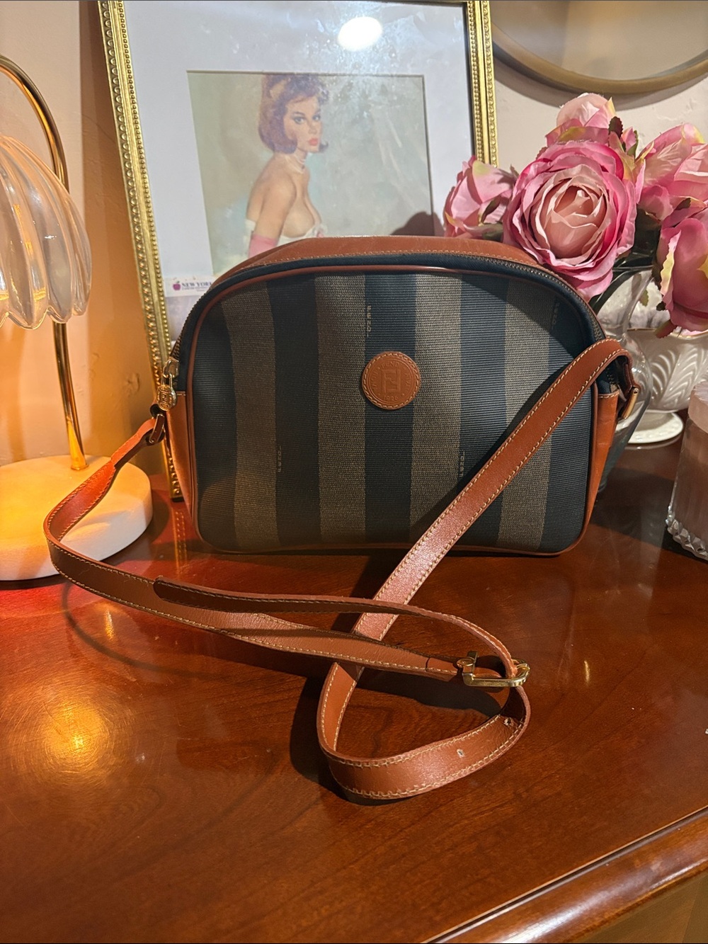 Authentic Fendi Pequin Striped Coated Canvas Crossbody Camera Bag Brown Leather